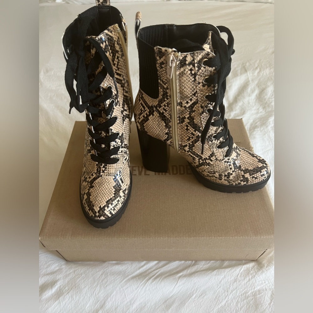 **NEVER WORN** Steve Madden Latch Tan Snake Skin Boots. Size 8. Originally $140
